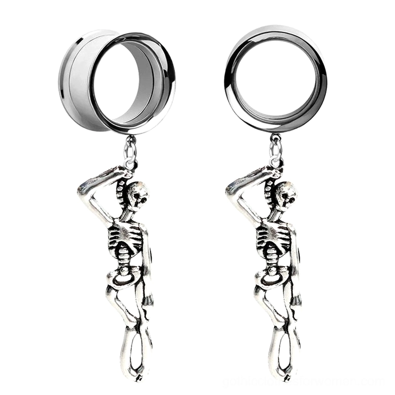 Stainless steel skull ear tunnels pair – polished silver memento mori dangle earrings for gothic fashion and alternative style