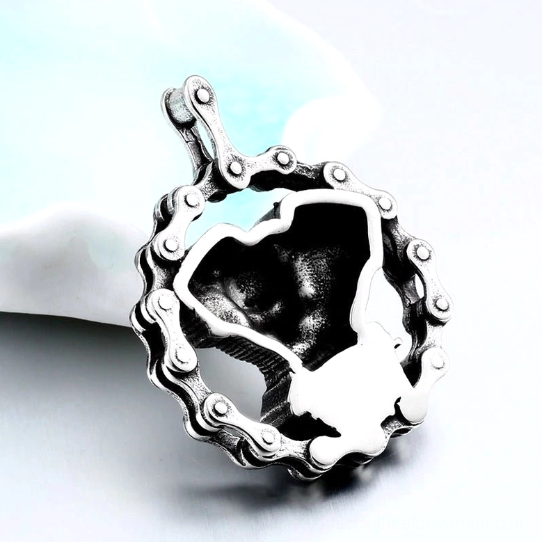 Gothic skull engine pendant necklace - complete piece showing vintage silver stainless steel finish with dark romantic biker aesthetic
