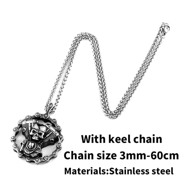 Keel chain design gothic skull engine pendant - 3mm stainless steel chain necklace 60cm length with dark biker aesthetic