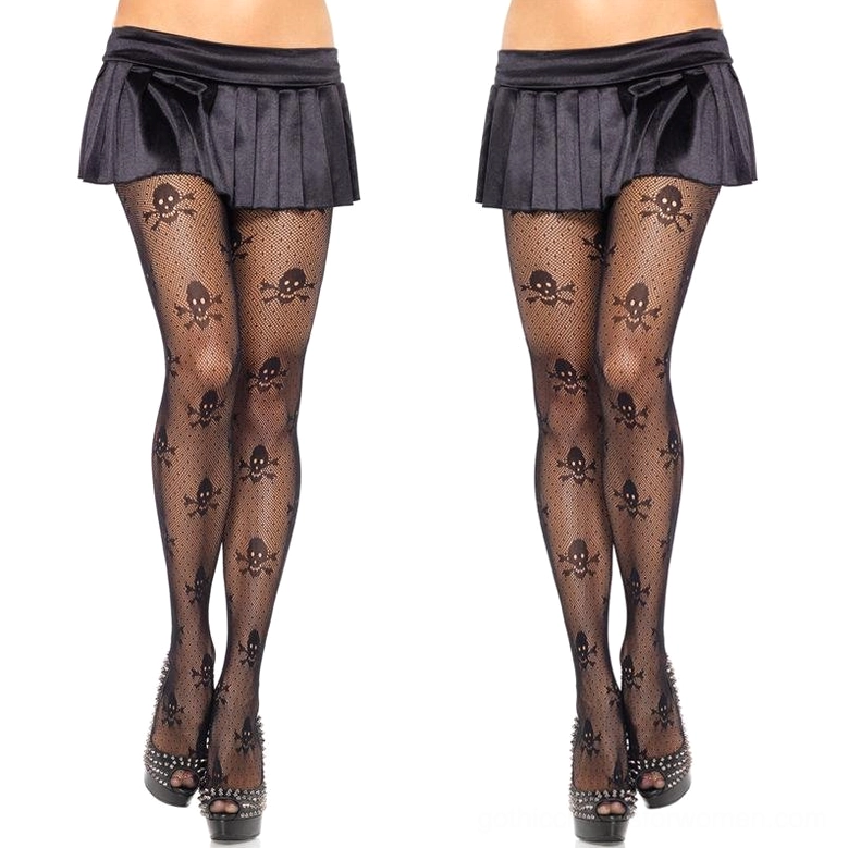 Black mesh skull pattern stockings side pose with red high heels