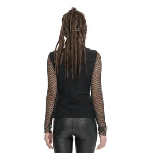 Gothic long sleeve mesh top with skull design - back view showing fitted silhouette and fishnet sleeves