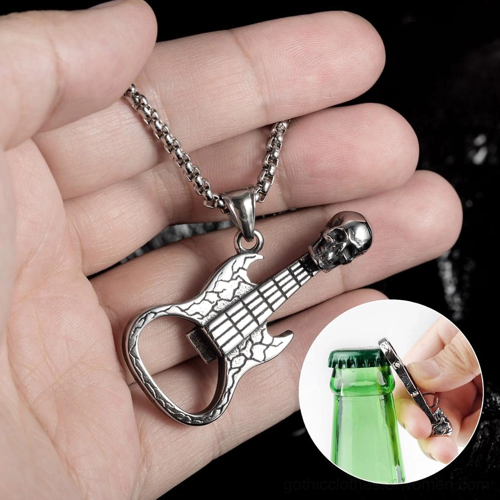 Skull guitar bottle opener necklace functional demonstration male hand opening bottle