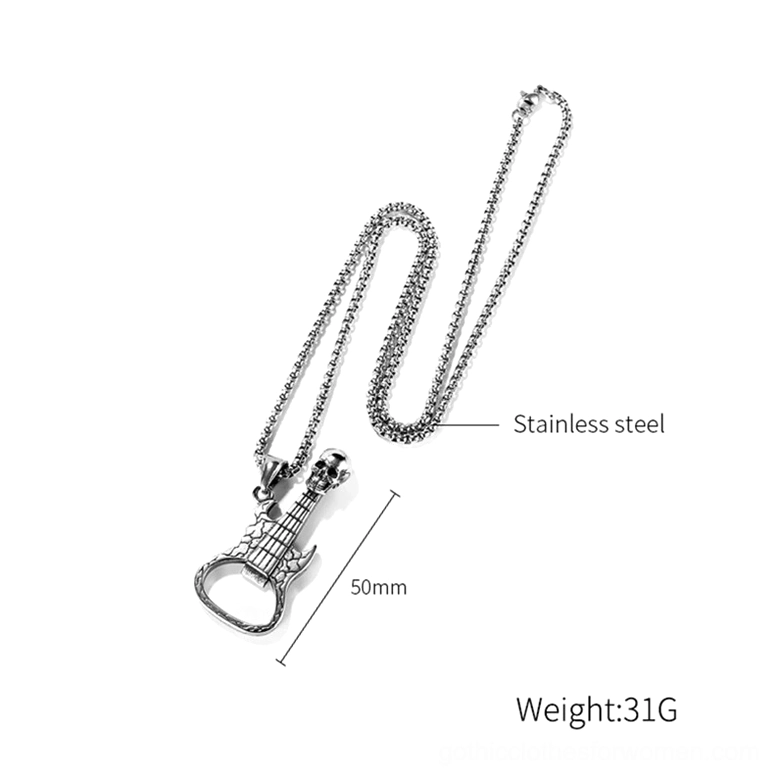 Full length stainless steel skull guitar necklace flat lay with chain measurement details