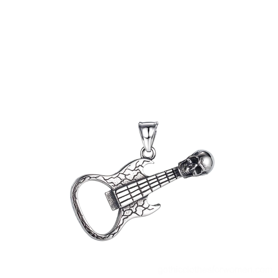 Single skull guitar stainless steel bottle opener pendant isolated view gothic jewelry