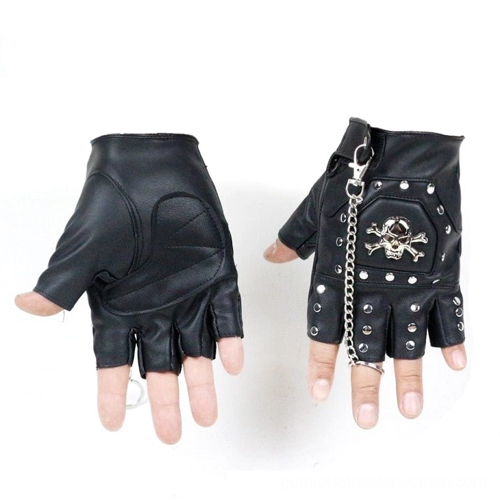 Pair of black half-finger punk gloves flat lay display with skull decoration rivets and detachable chain