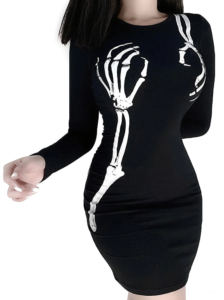 Black bodycon mini dress with skeleton hand print worn by female model, front three-quarter view showing fitted silhouette and long sleeves