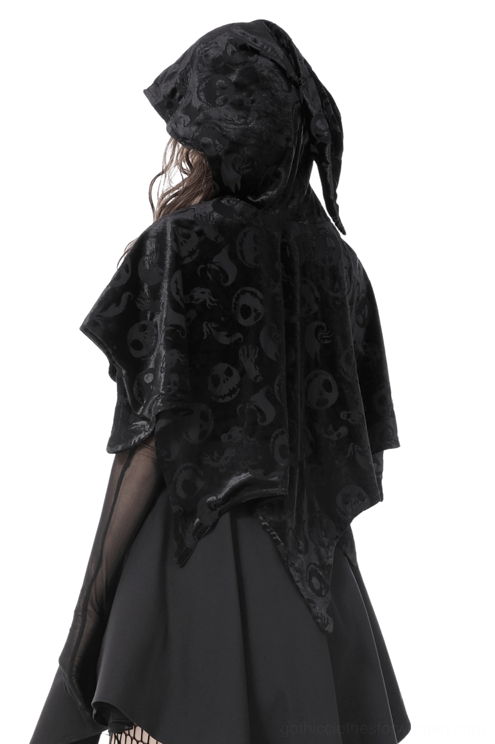 Black skull print velvet cape back view, model wearing hooded gothic cape with irregular pointed hem and full embossed skull pattern