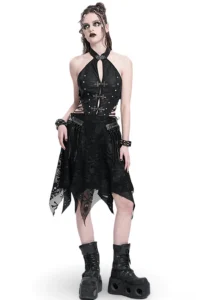 Black skull lace halter dress front view with cross metal clasp and cutout waist, gothic punk style on model
