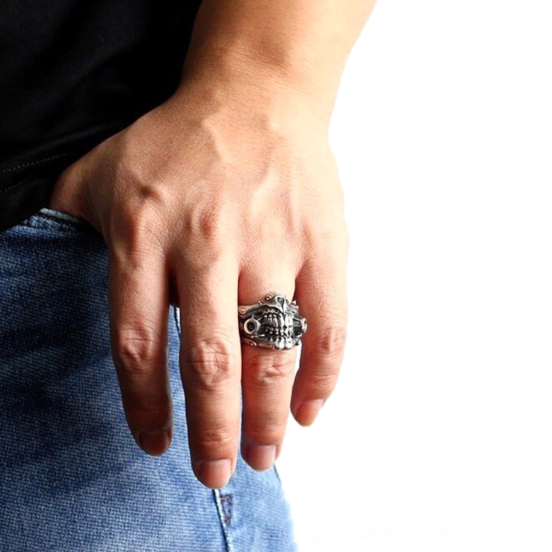 Immortan Joe theatrical mask ring worn on male hand showing scale and wearable comfort