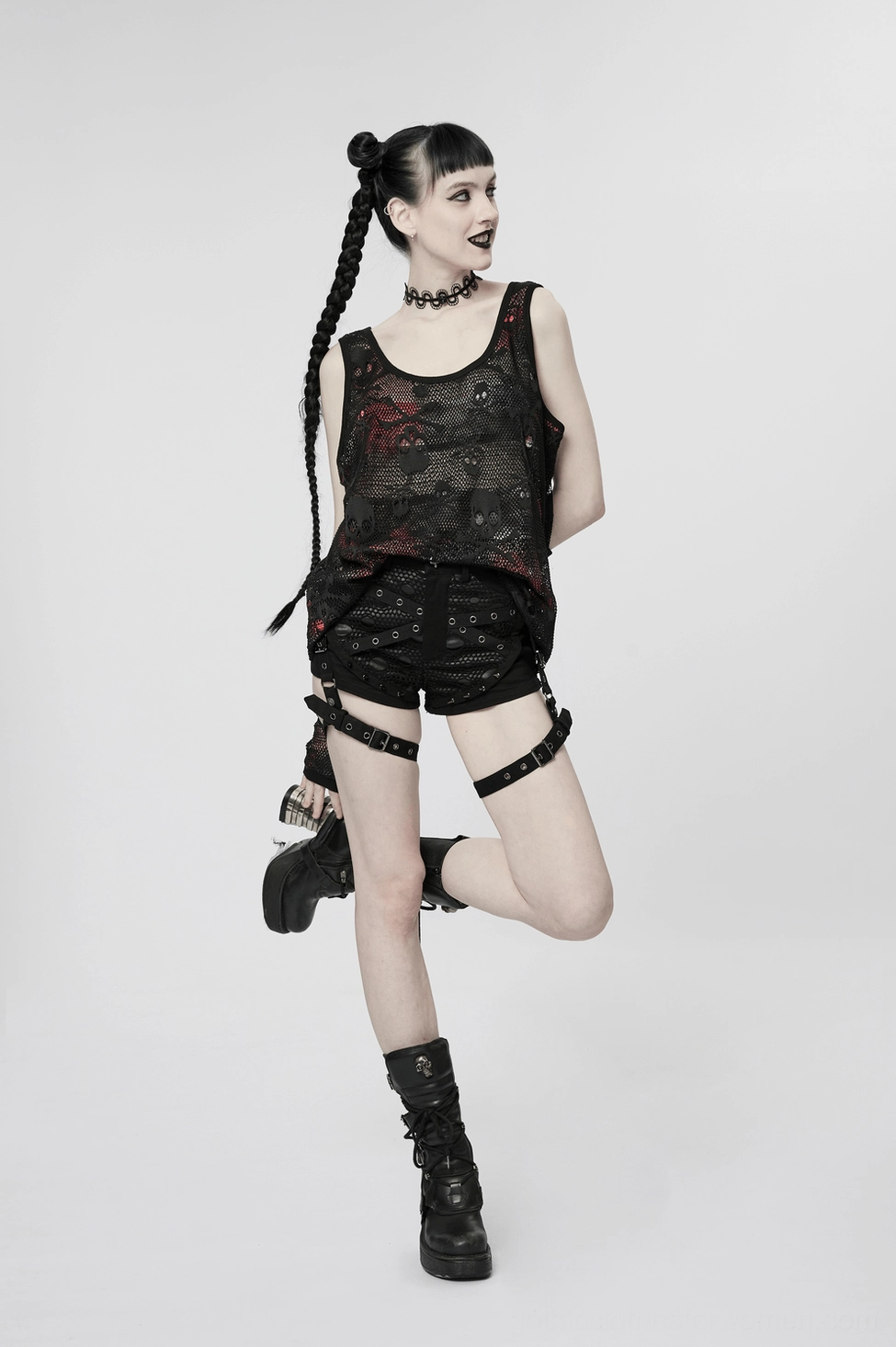 Gothic alternative fashion skull mesh tank top with attached fingerless gloves front angle view