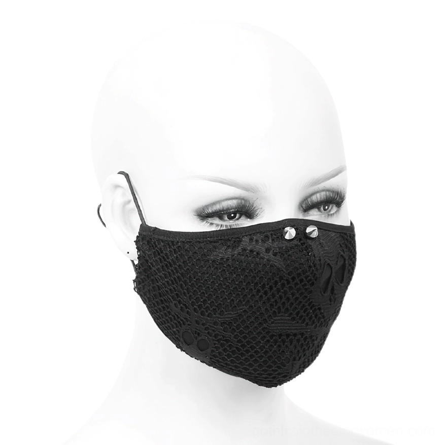 Black skull mesh gothic face mask on mannequin head showing fixed ear loops and silver stud decoration