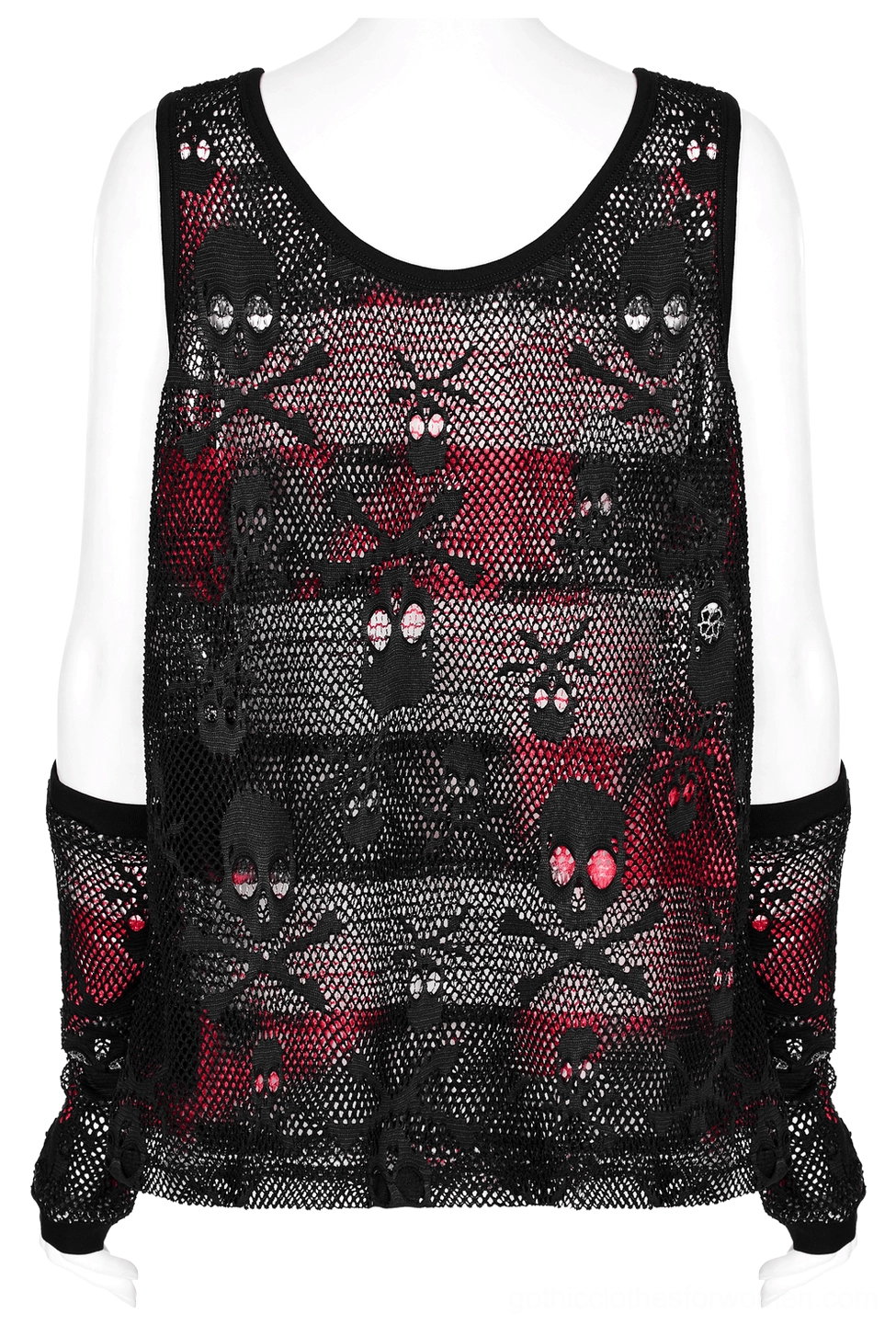 Rear view of black mesh skull tank top with fingerless gloves on mannequin showing full back skull crossbone print