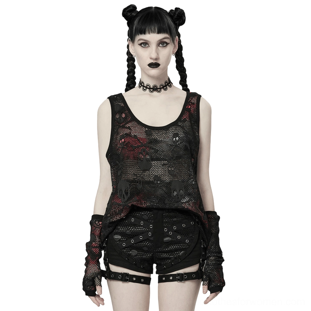 Black skull mesh gothic tank top with fingerless gloves set on model - front view showing embroidered crossbone pattern and red plaid lining