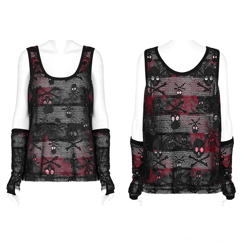 Black mesh skull tank top with attached fingerless gloves on display mannequin - front full length view