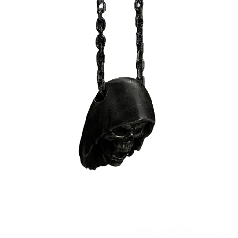 Hooded grim reaper skull pendant rear view, side profile showing mysterious draped hood without visible facial features