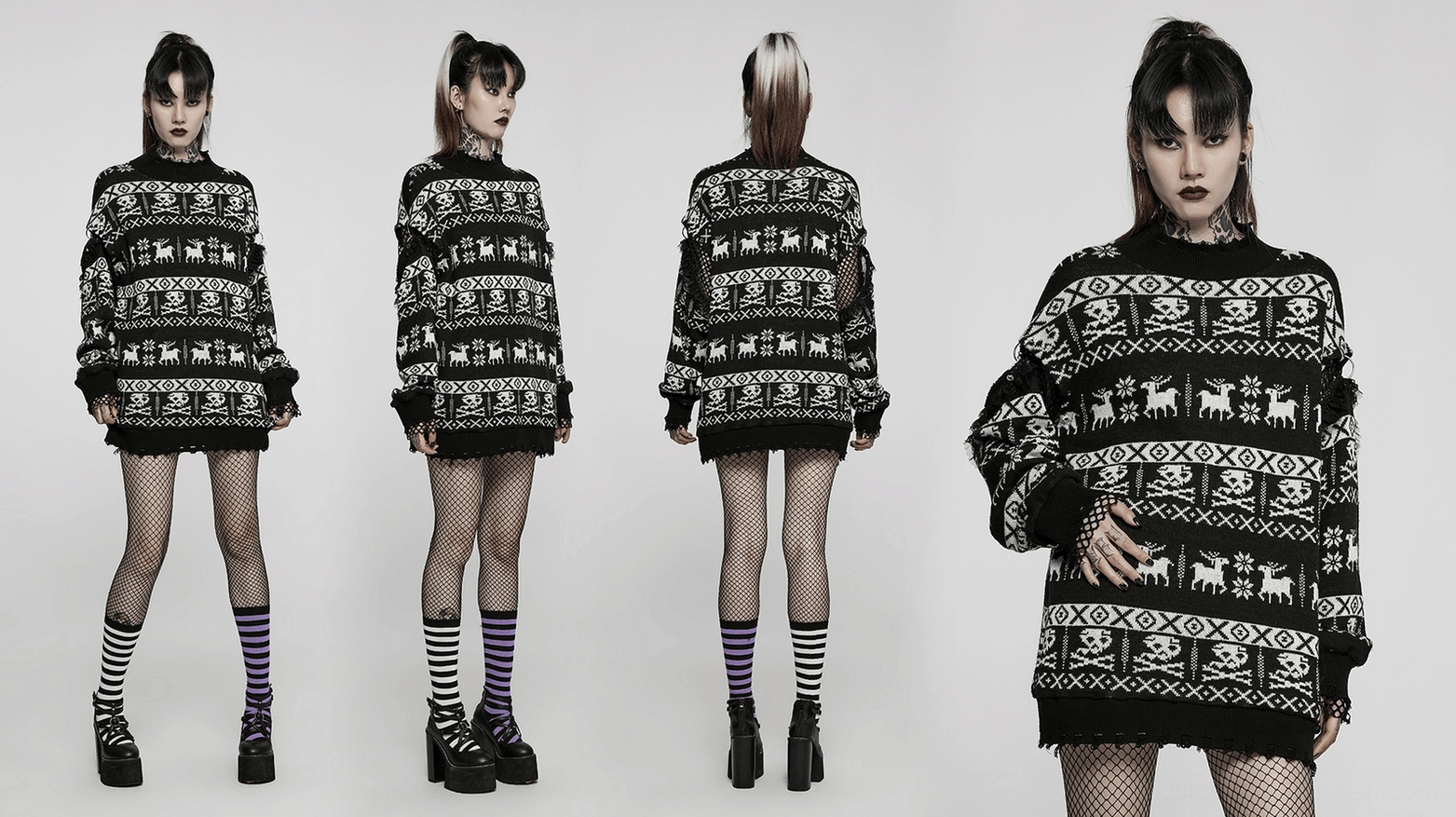 Detail view of skull pattern knit and frayed sleeve opening on gothic pullover sweatshirt