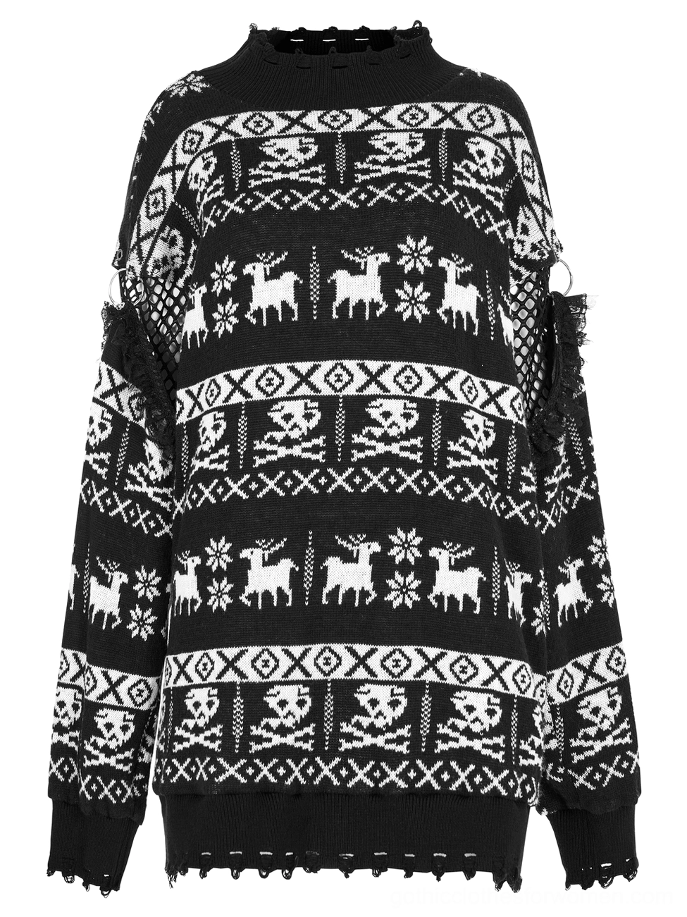 Black-white skull reindeer pattern knit sweater with removable sleeves and frayed neckline detail