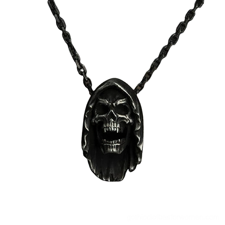Full frontal view of screaming hooded skull gothic pendant necklace, direct face shot showing intricate sculpted features