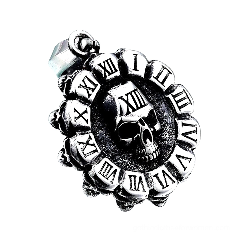 Top-down overhead view of round skull pendant charm with detailed Roman numerals and vintage silver finish, showcasing the spiked circular border design and precise engravings