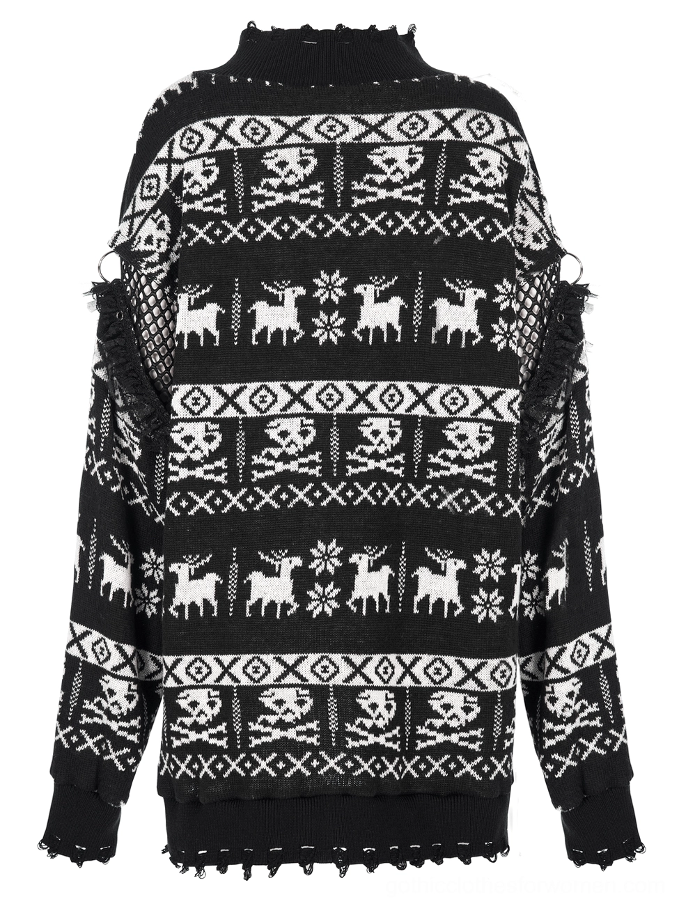 Back view of skull jacquard pullover with frayed sleeve openings and metal ring attachment detail