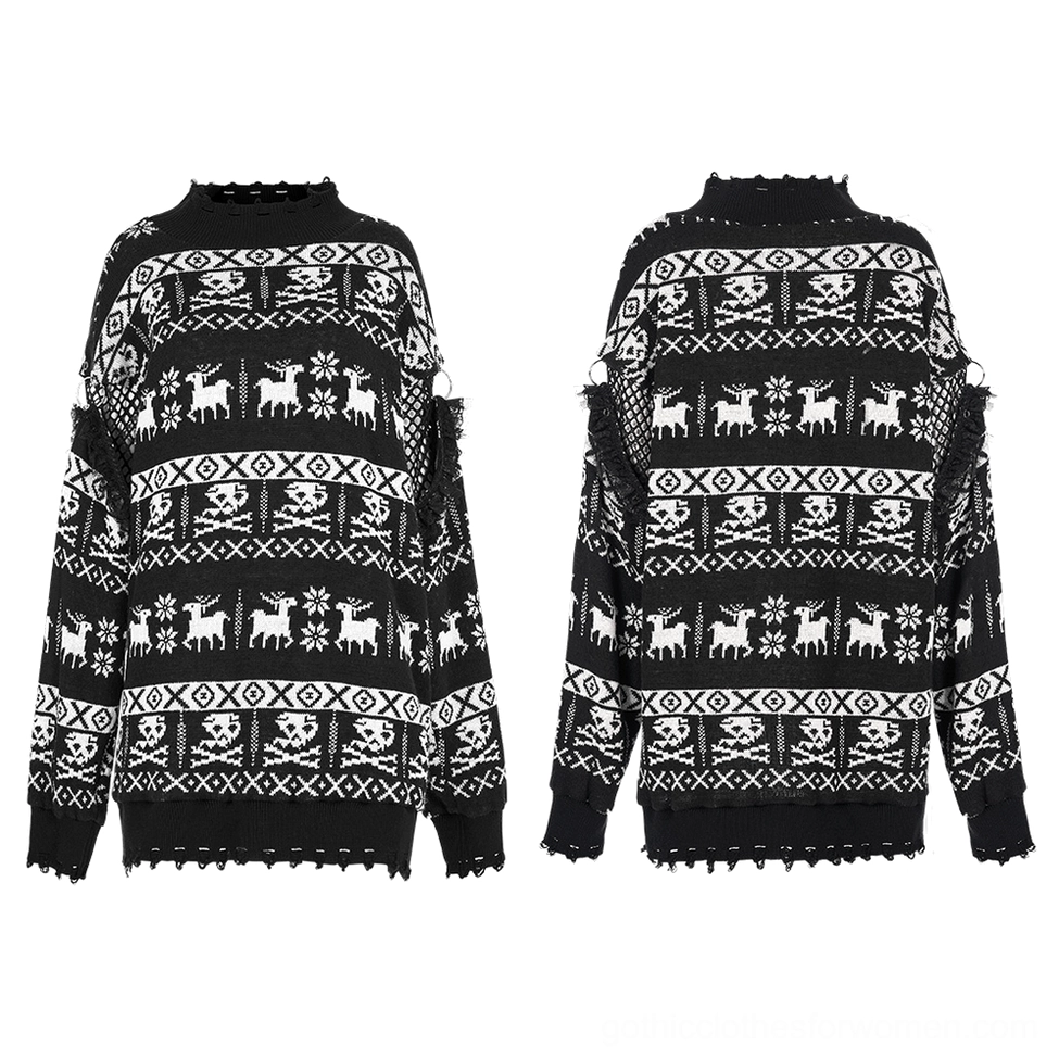 Skull jacquard pullover flat lay showing detachable sleeve construction and distressed hem detail