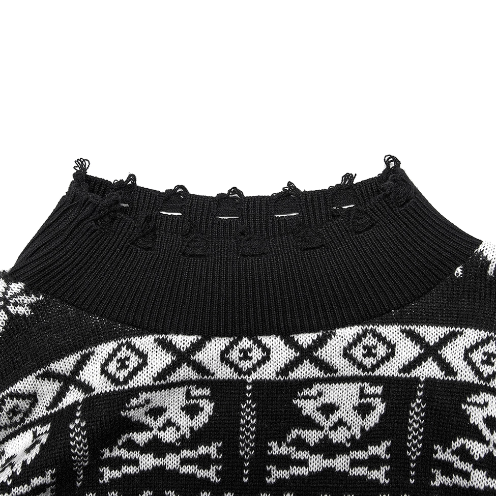 Close-up detail of distressed frayed mock neckline on black-white skull knit pullover
