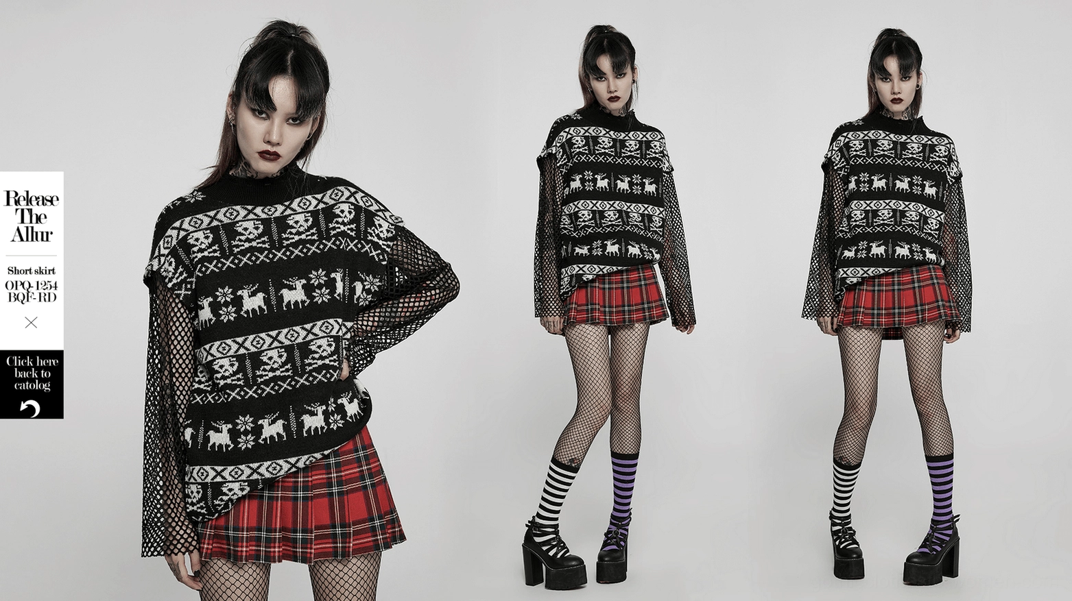 Complete skull jacquard pullover ensemble featuring both solid and fishnet sleeve options