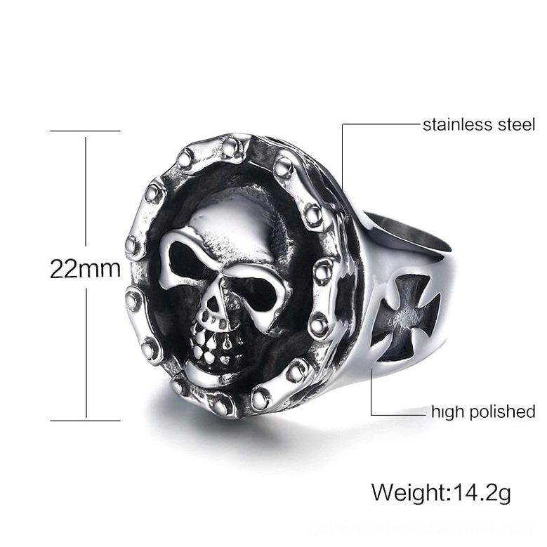 Detailed side and front view of memento mori skull ring showing 22mm diameter skull design with cross motif shoulders and high-polish finish