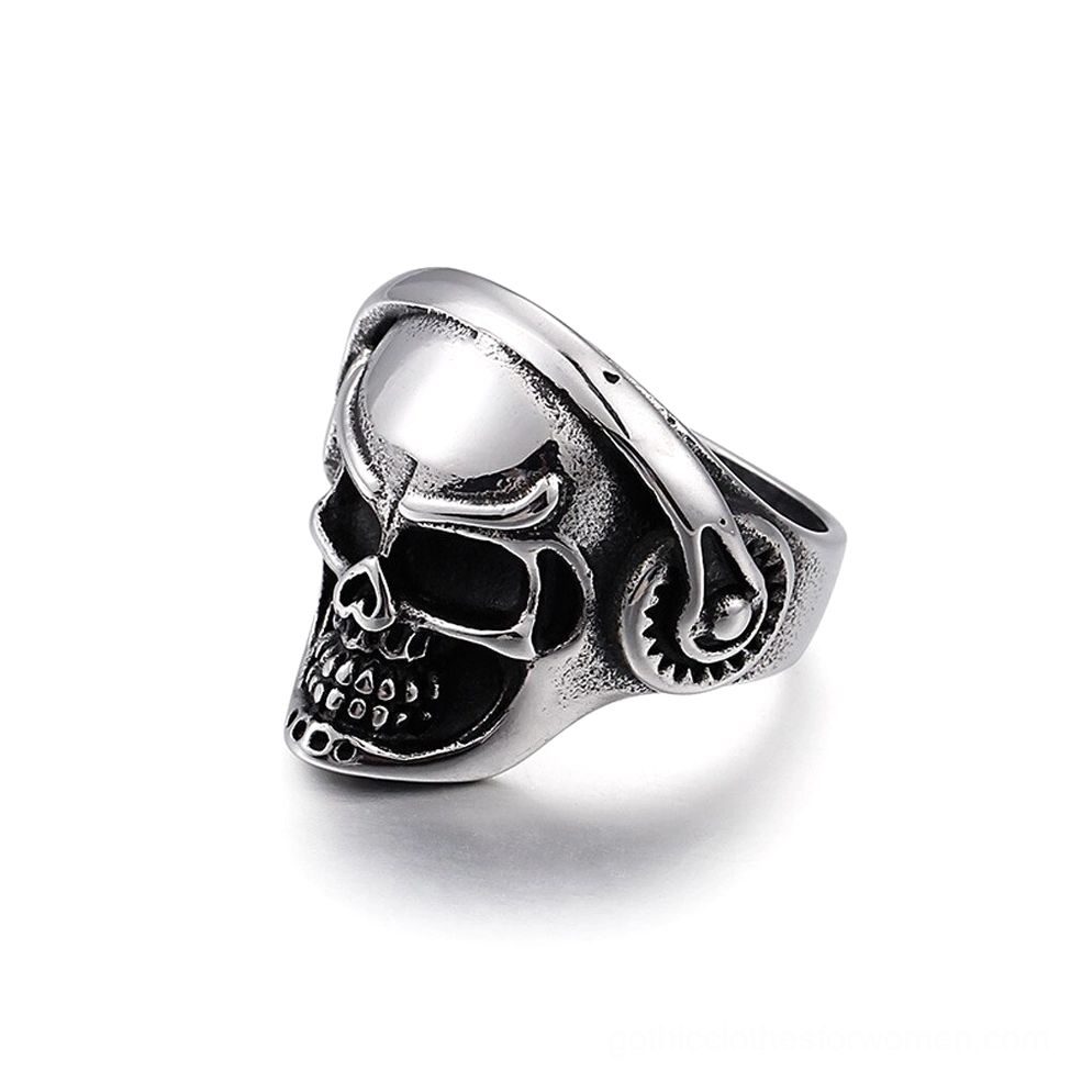 Punk skull biker ring three-quarter side view showing gear earphone accents