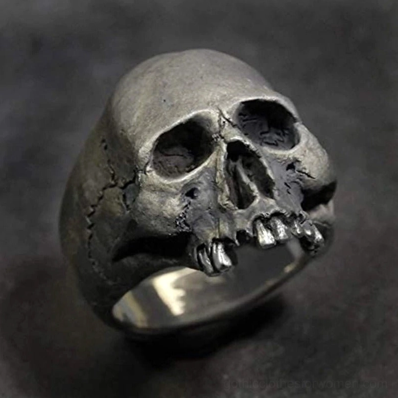 Gothic skull ring frontal top-down view showing exposed teeth and aged silver finish