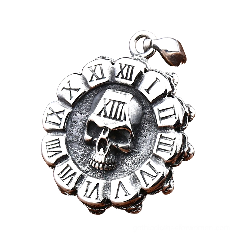 Angled side close-up of round skull roman numeral pendant featuring textured vintage silver finish and detailed skull carving, shown on light background