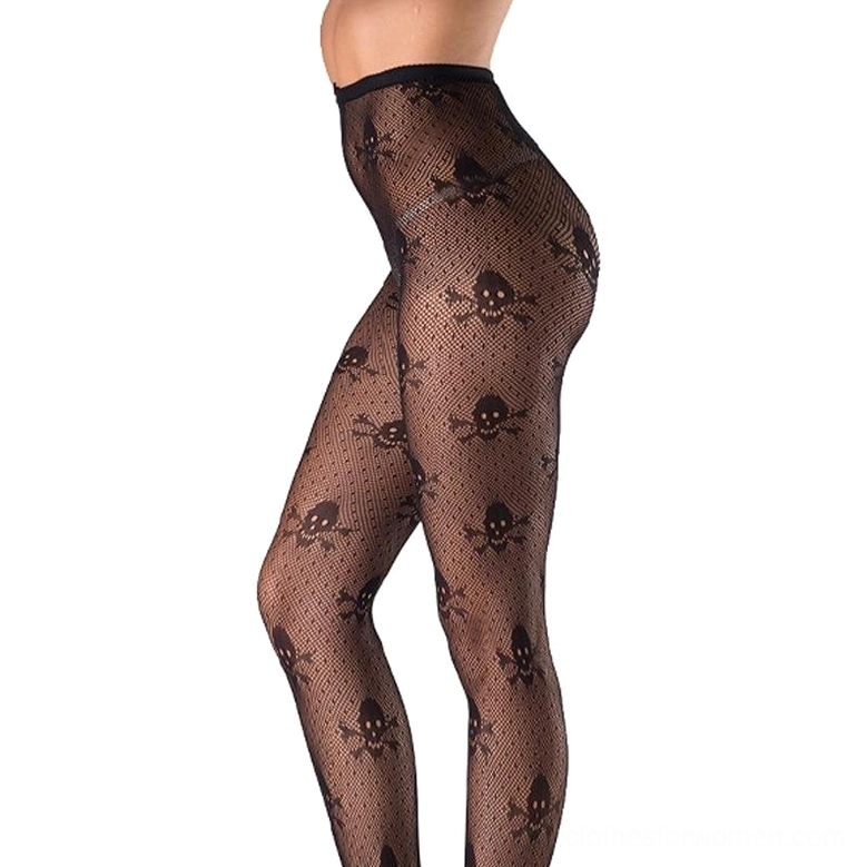 High-waisted skull fishnet stockings side view with red stiletto heels