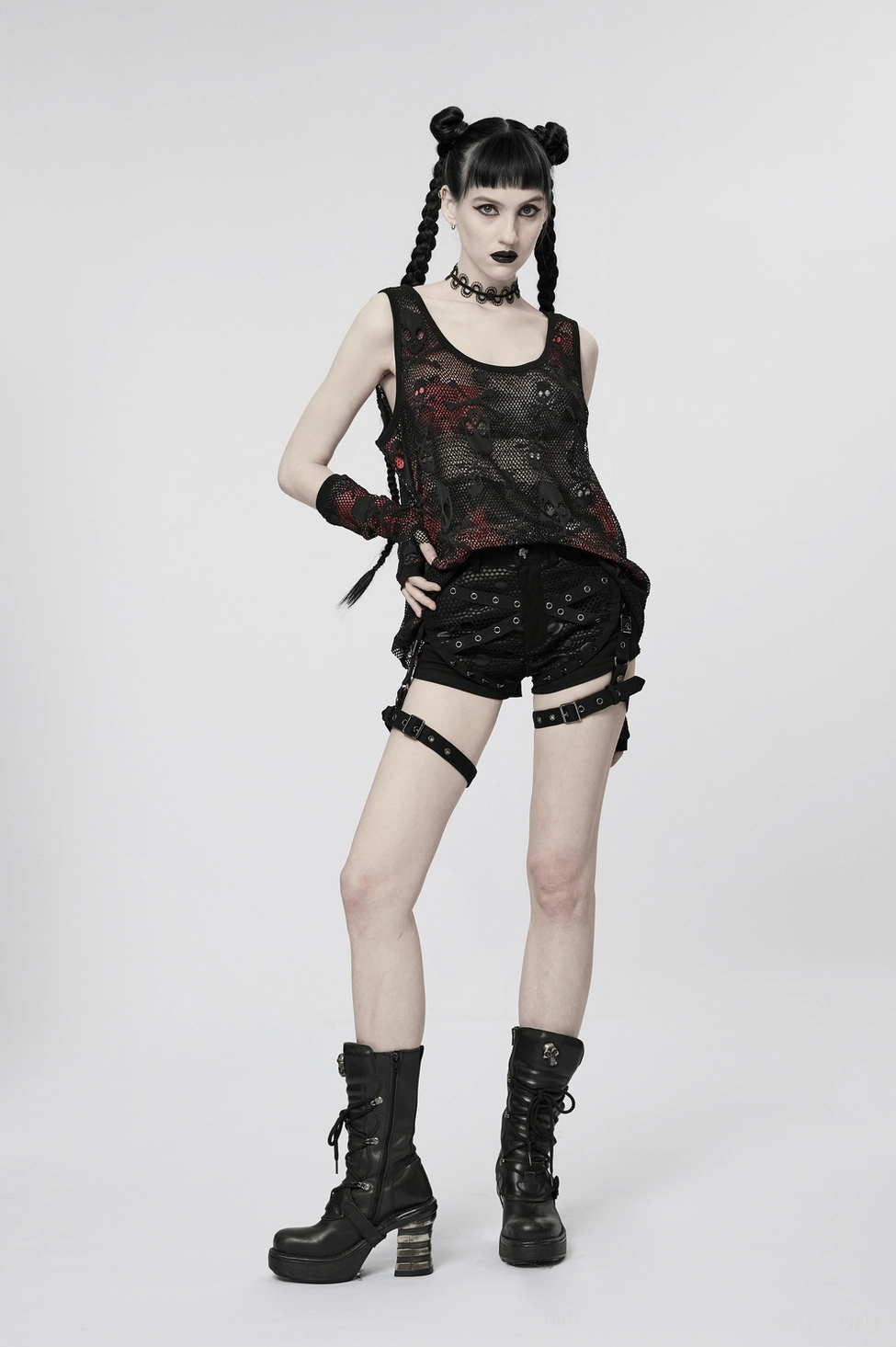 Black mesh skull tank and fingerless gloves on model displaying full ensemble with gothic styling