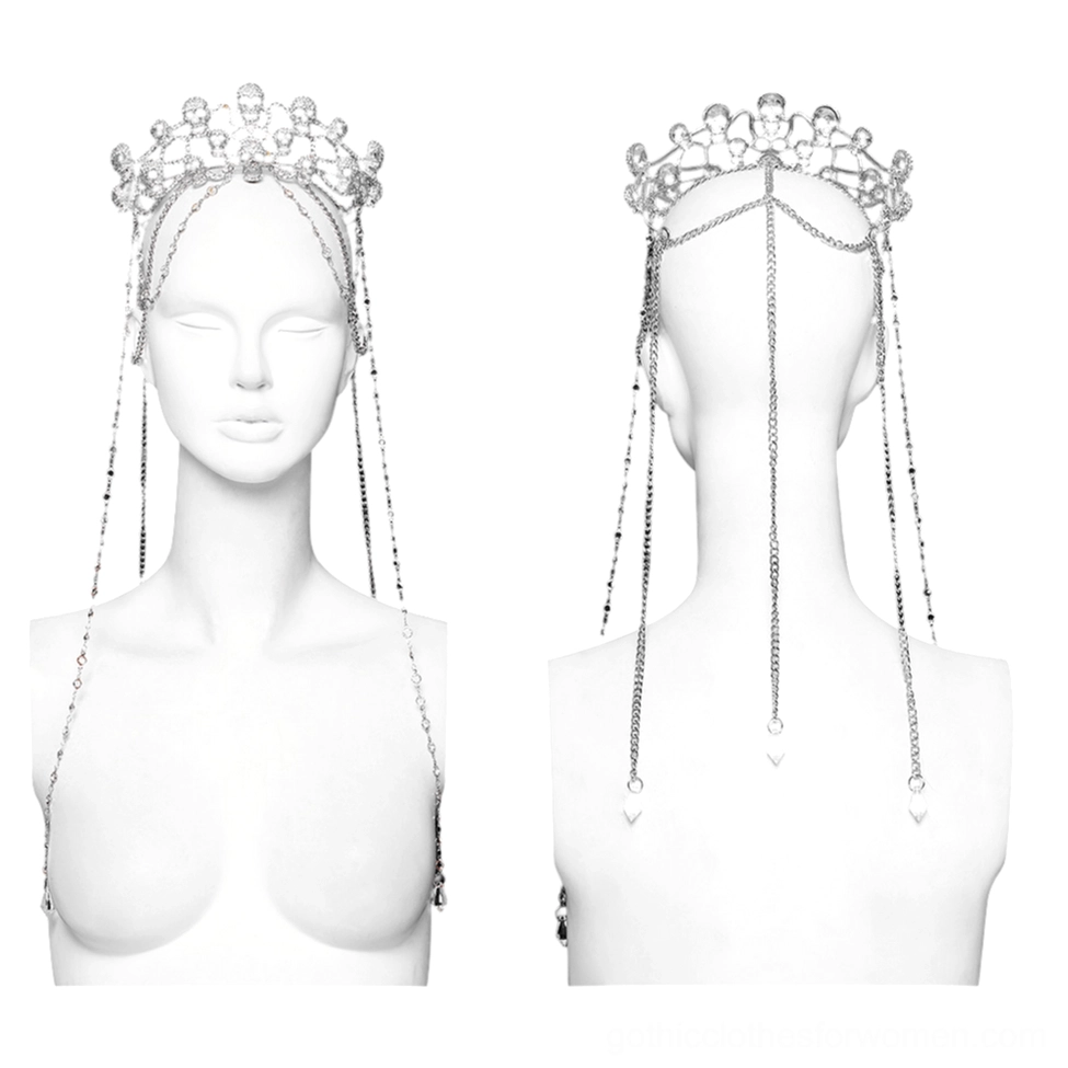 Front view of gem-encrusted silver skull tiara on mannequin with hanging crystal chains and skull embellishments