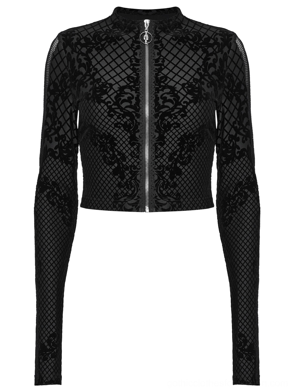 Gothic crop jacket front flat lay showing metal skull zipper puller and damask grid print detail