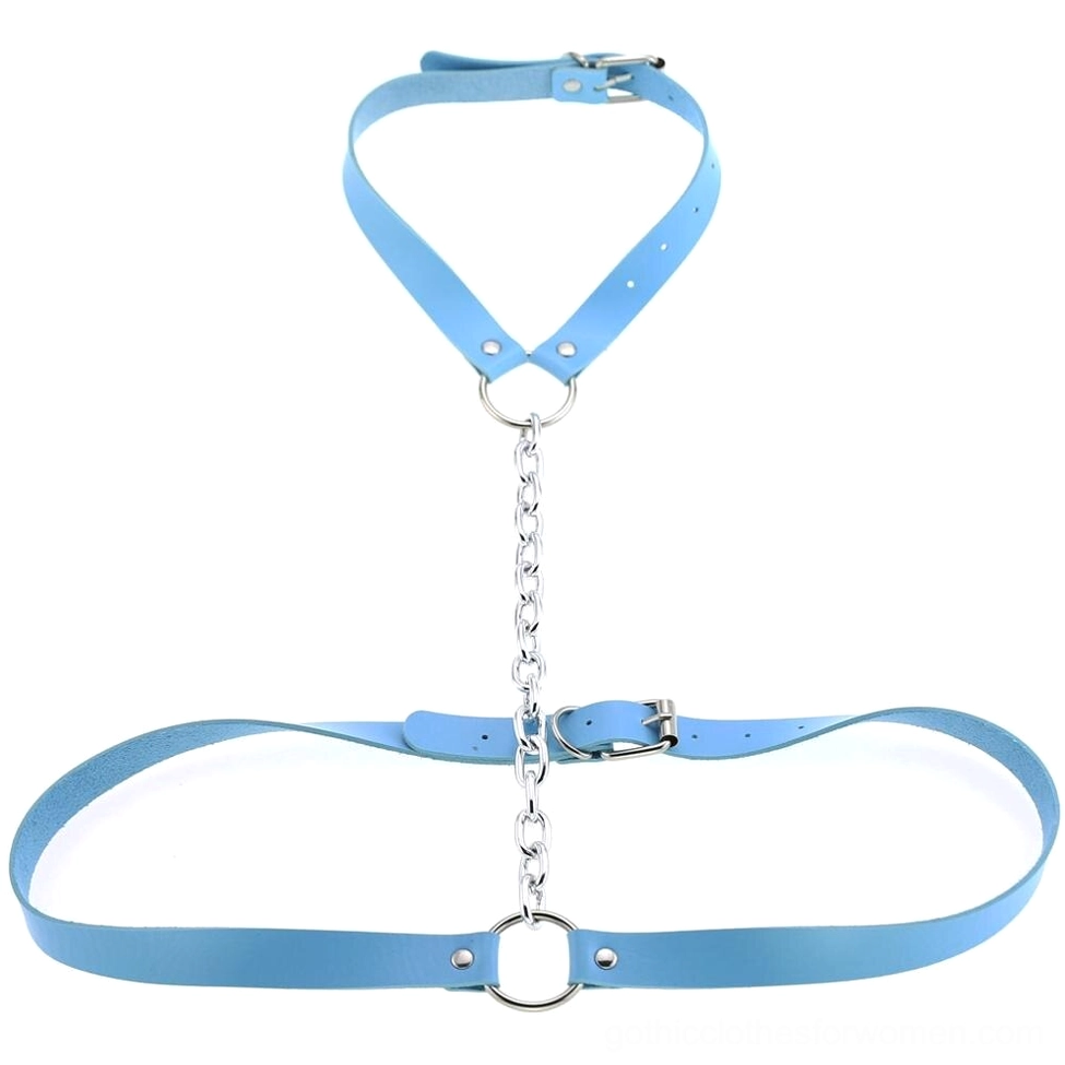 Sky blue faux leather body harness with metal connectors and adjustable straps, gothic style