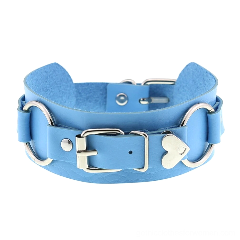 Sky blue soft leather choker with silver buckles and heart-shaped pendant detail