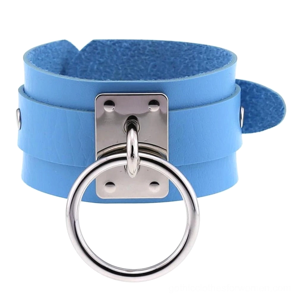 Sky blue leather gothic cuff bracelet featuring silver metal hardware, contemporary alternative style