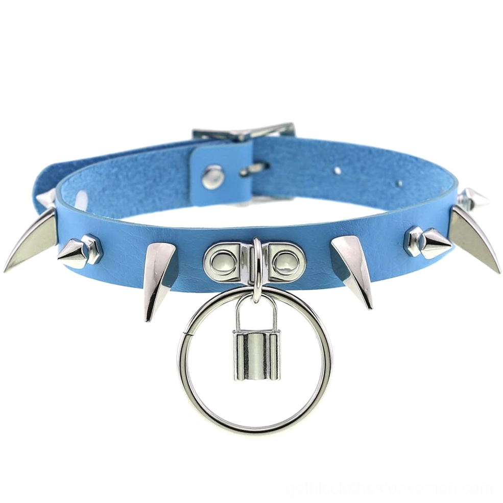 Sky light blue spiked gothic choker collar with adjustable buckle and metal spikes