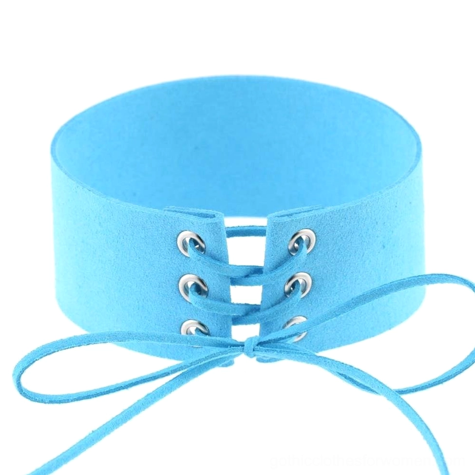 Sky blue lace-up velvet choker necklace with suede material finish