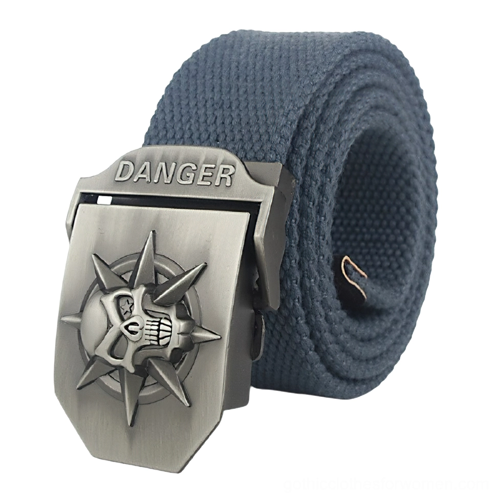 Slate blue slate grey canvas belt punk style danger skull metal buckle