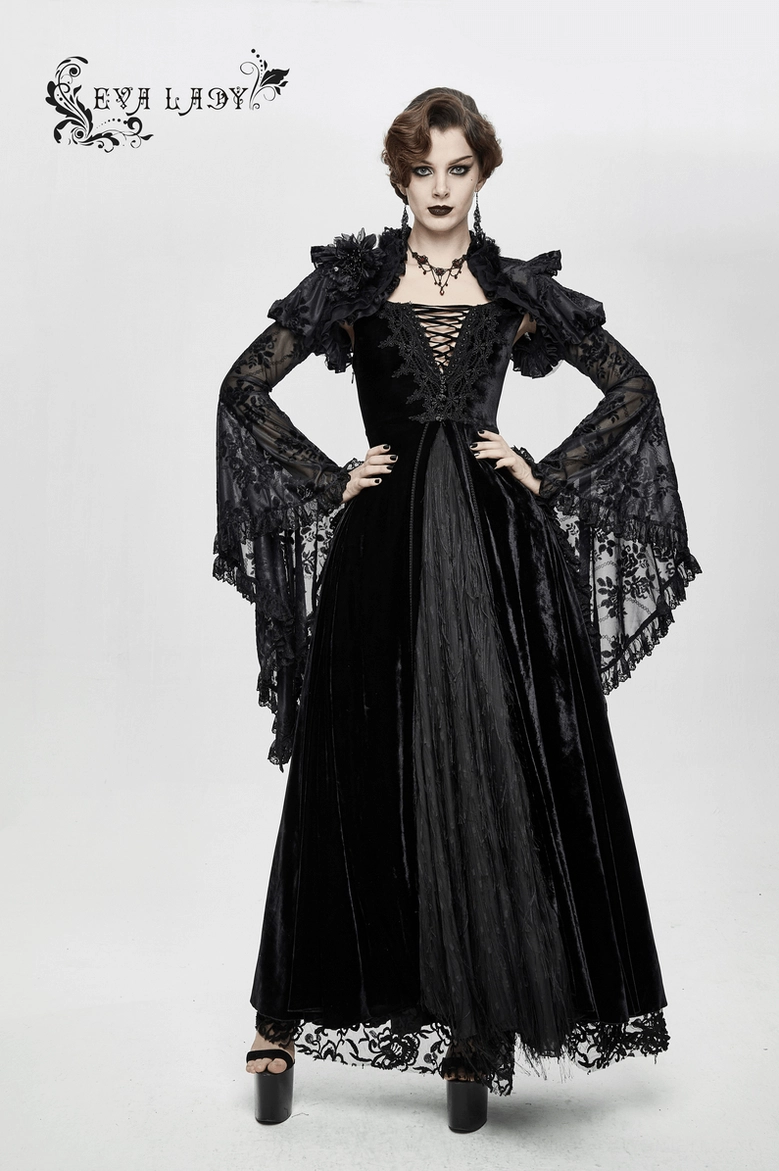 Sleeveless black velvet gothic maxi dress with lace-up bodice detail and flowing A-line floor-length skirt, front product view