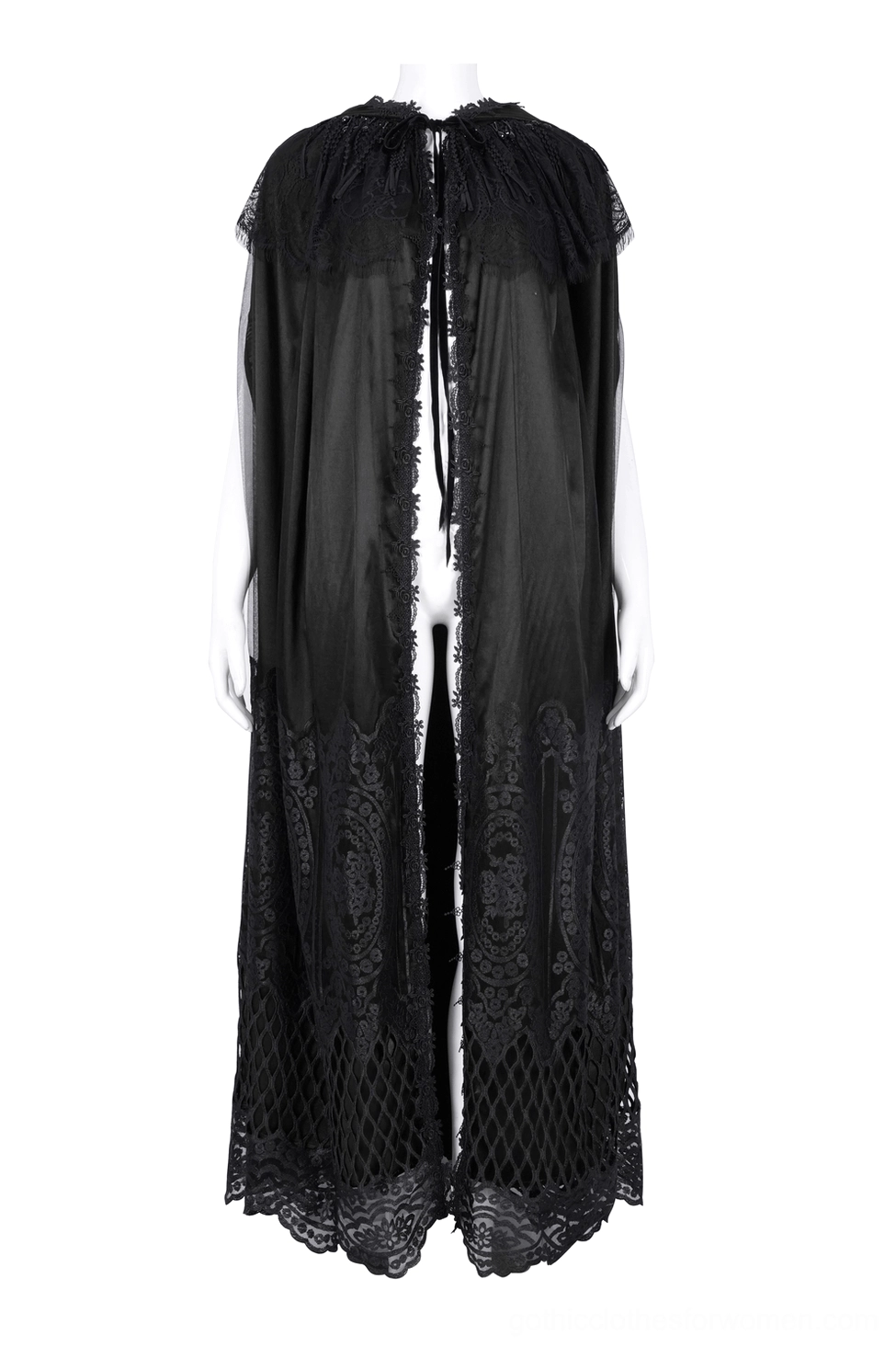 Front full-body view of sleeveless hooded gothic cape with black sheer fabric, lace bottom trim, and front tie fasteners on mannequin