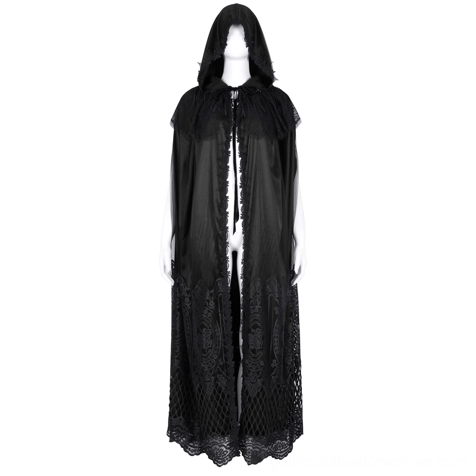 Front full-body display of sleeveless hooded gothic cape with sheer black mesh fabric and lace-trimmed hem on mannequin