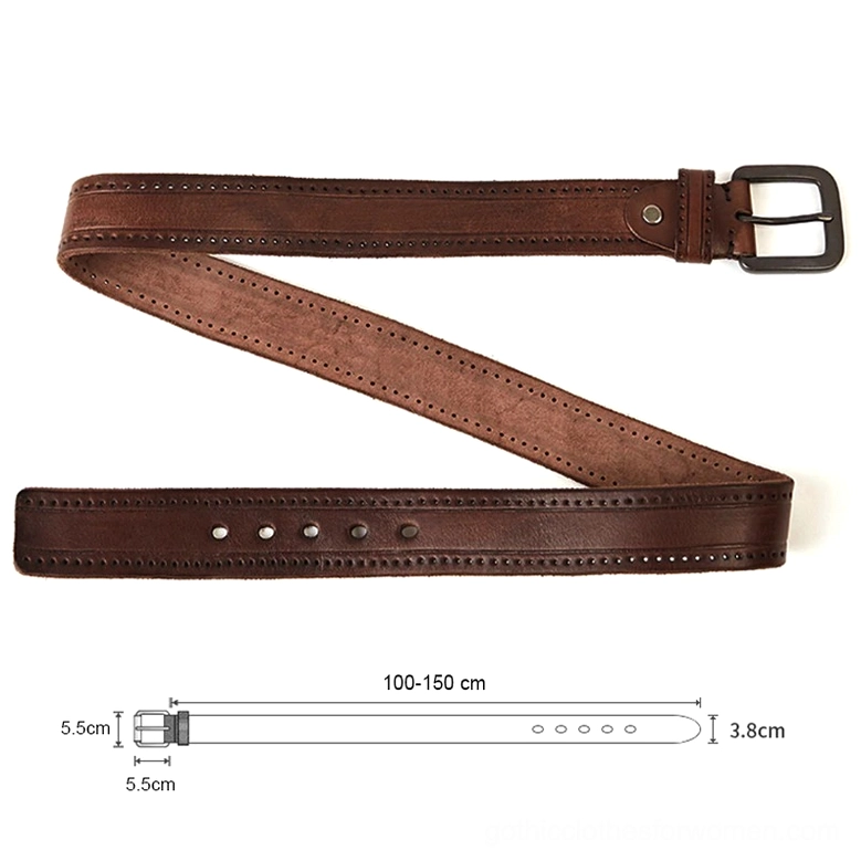 Slim dark brown vintage leather belt with simple metal buckle in flat lay showing proportionate strap width and aged gothic aesthetic