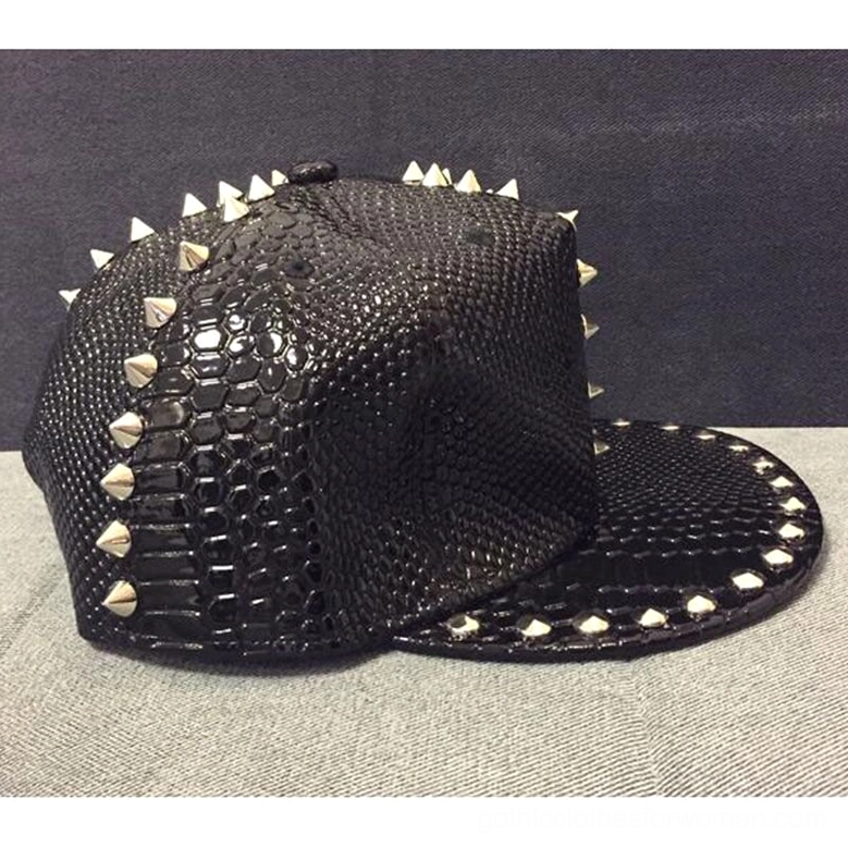 Punk studded snakeskin cap rear angle, displaying silver spike studs on crown and brim edge, gothic hat back perspective