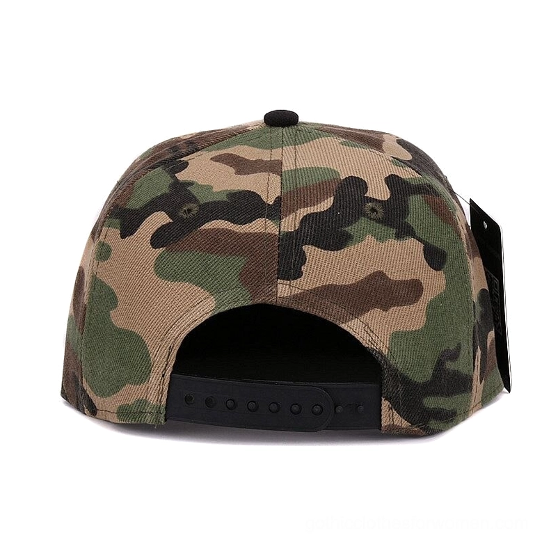 Adjustable snapback camo cap detail view showing crown construction and visor quality