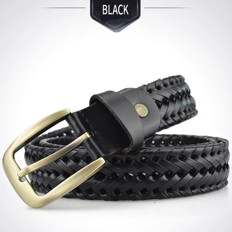 Solid black hand-knitted gothic leather belt with metal buckle, showing full geometric braided texture on white background