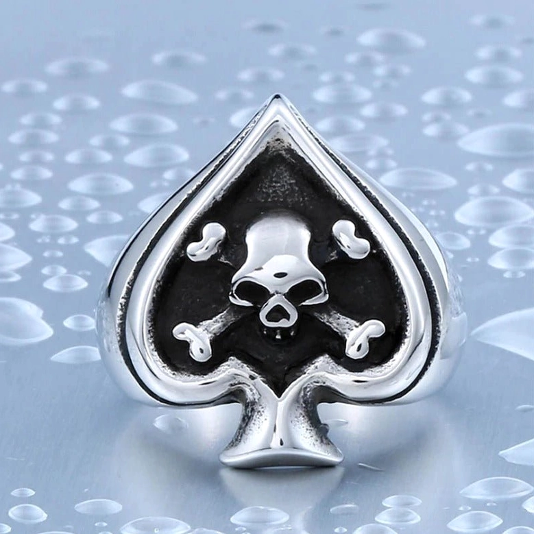 Stainless steel spade skull cross ring gothic aesthetic detail close-up view