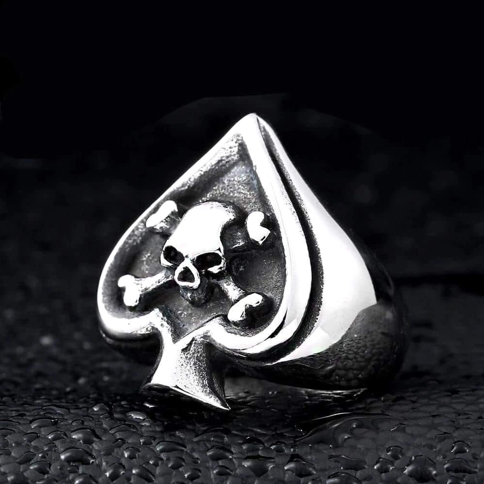 Raised spade border detailed skull engraving gothic ring three-quarter side view